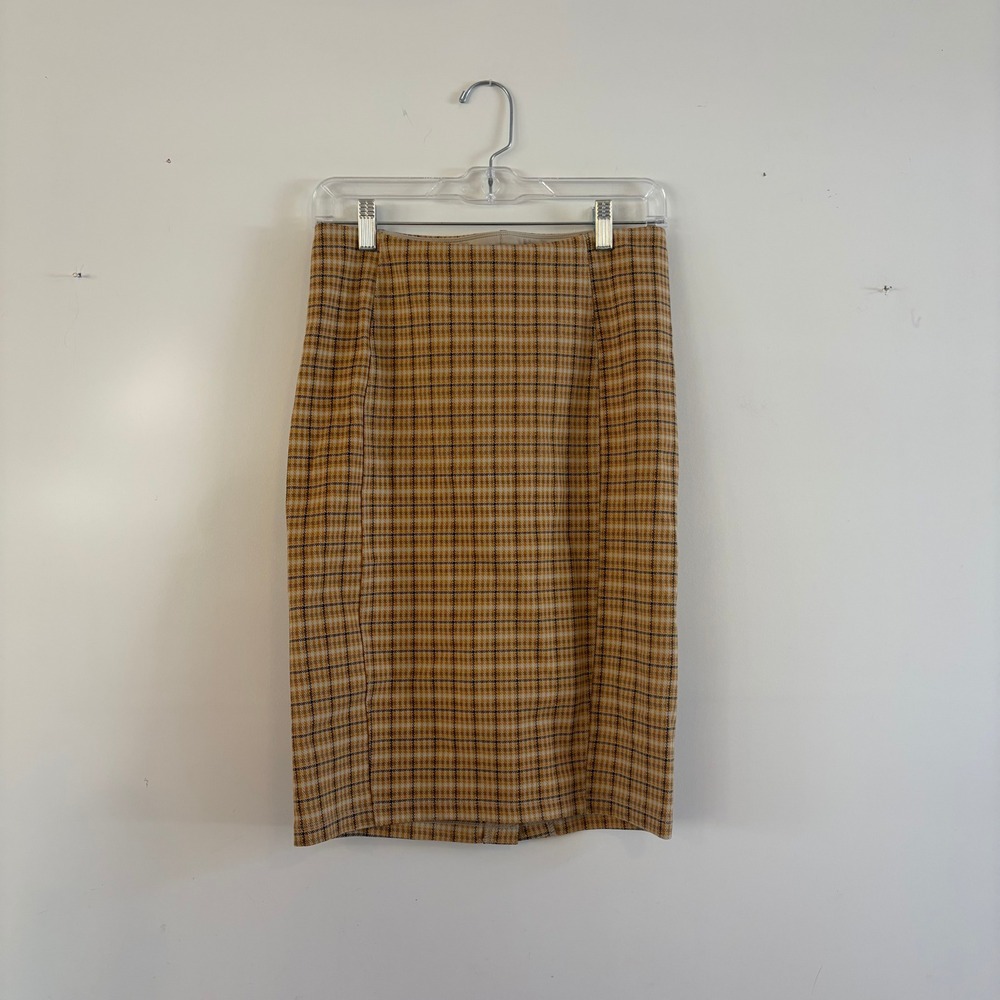 Liverpool‎ Los Angeles Mustard Yellow Black Plaid Pencil Stretchy Skirt Size 4